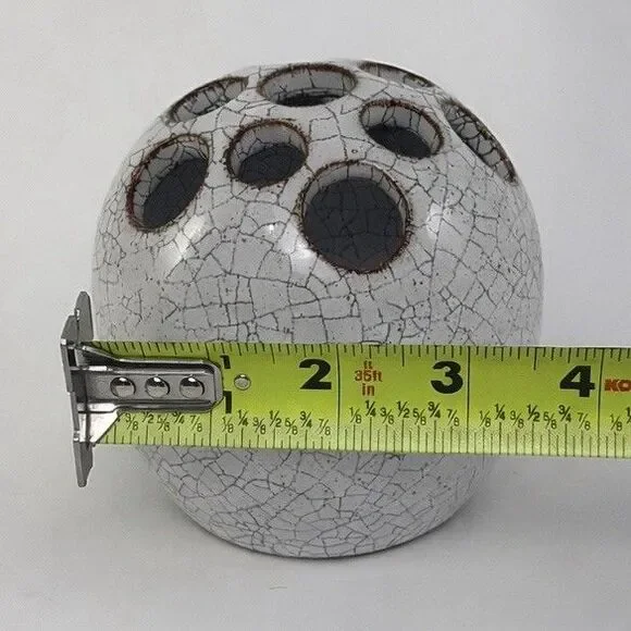 Signed Studio Pottery Crackle Glaze Flower Frog Gray Spherical Ikebana - Picture 5 of 5